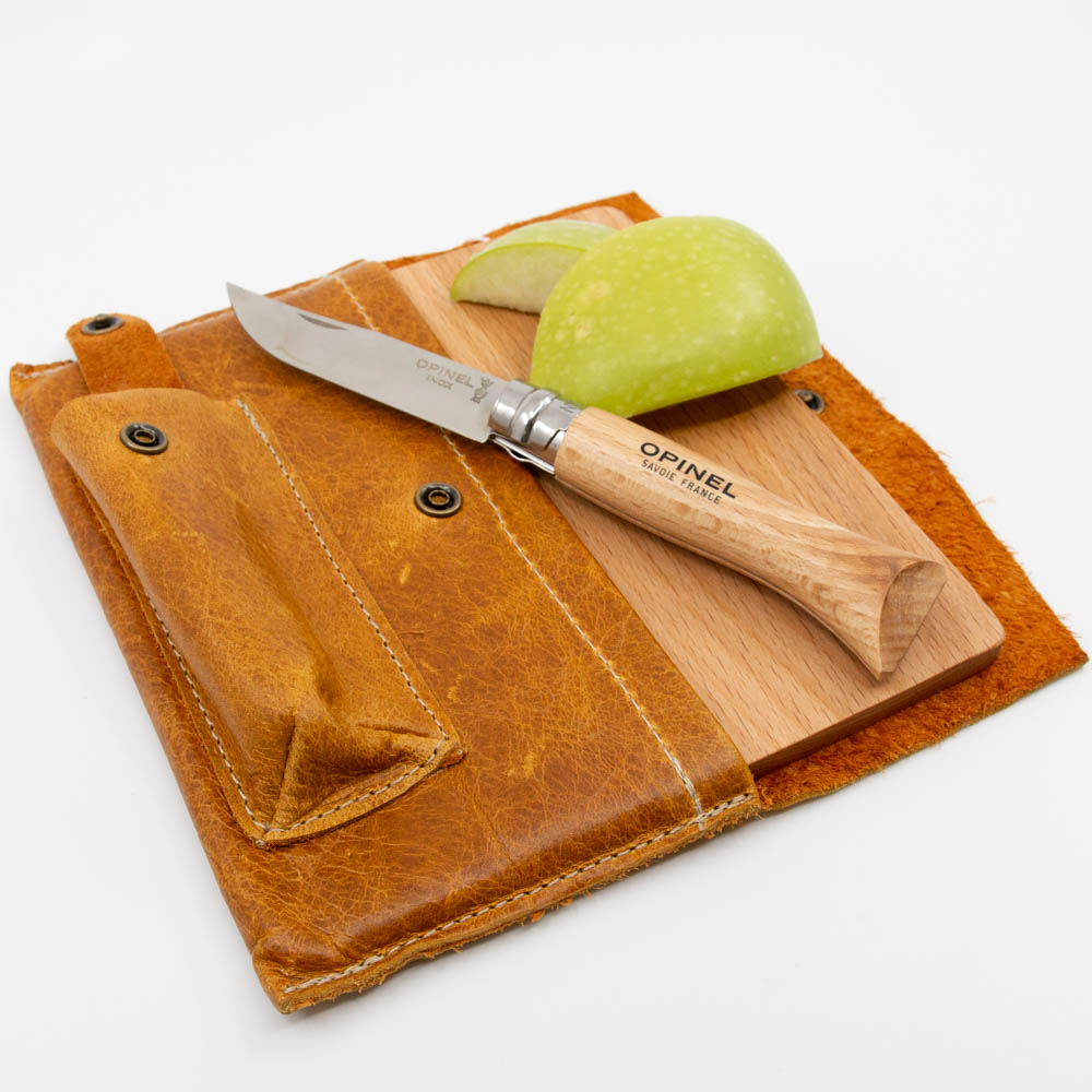 Roadside Travel Cutting Board Set Leather Case With Opinel Pocket