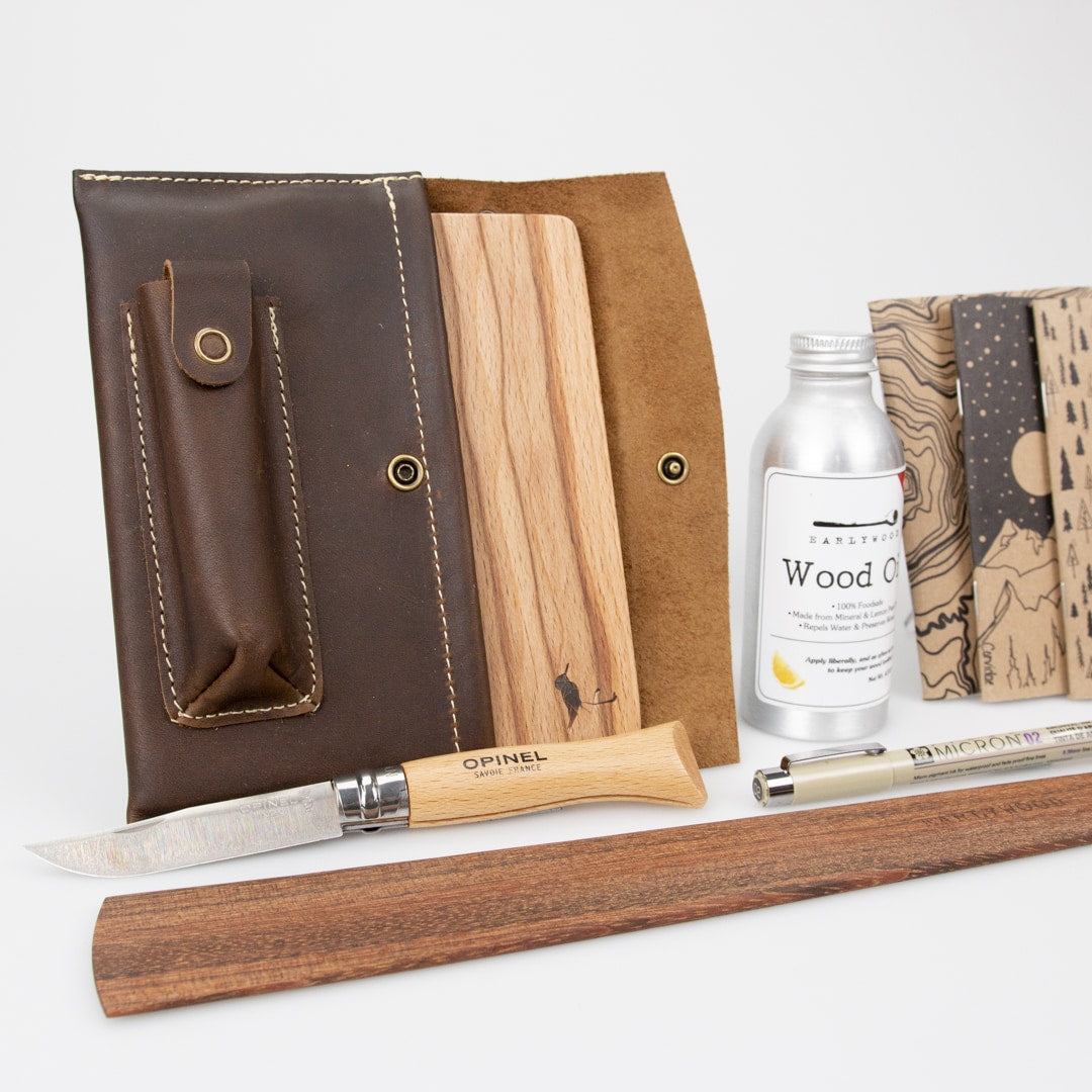 Roadside Travel Cutting Board Set Leather Case With Opinel Pocket