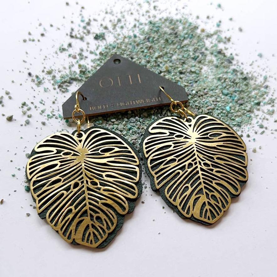 Monstera | Brass + Green Leather Earrings